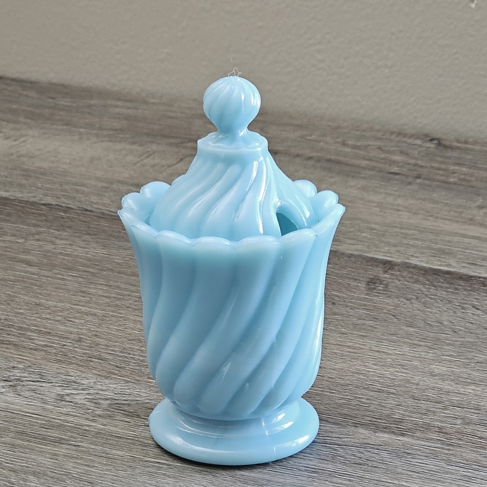 Vintage Blue Opaline Lidded Mustard Jam Jar